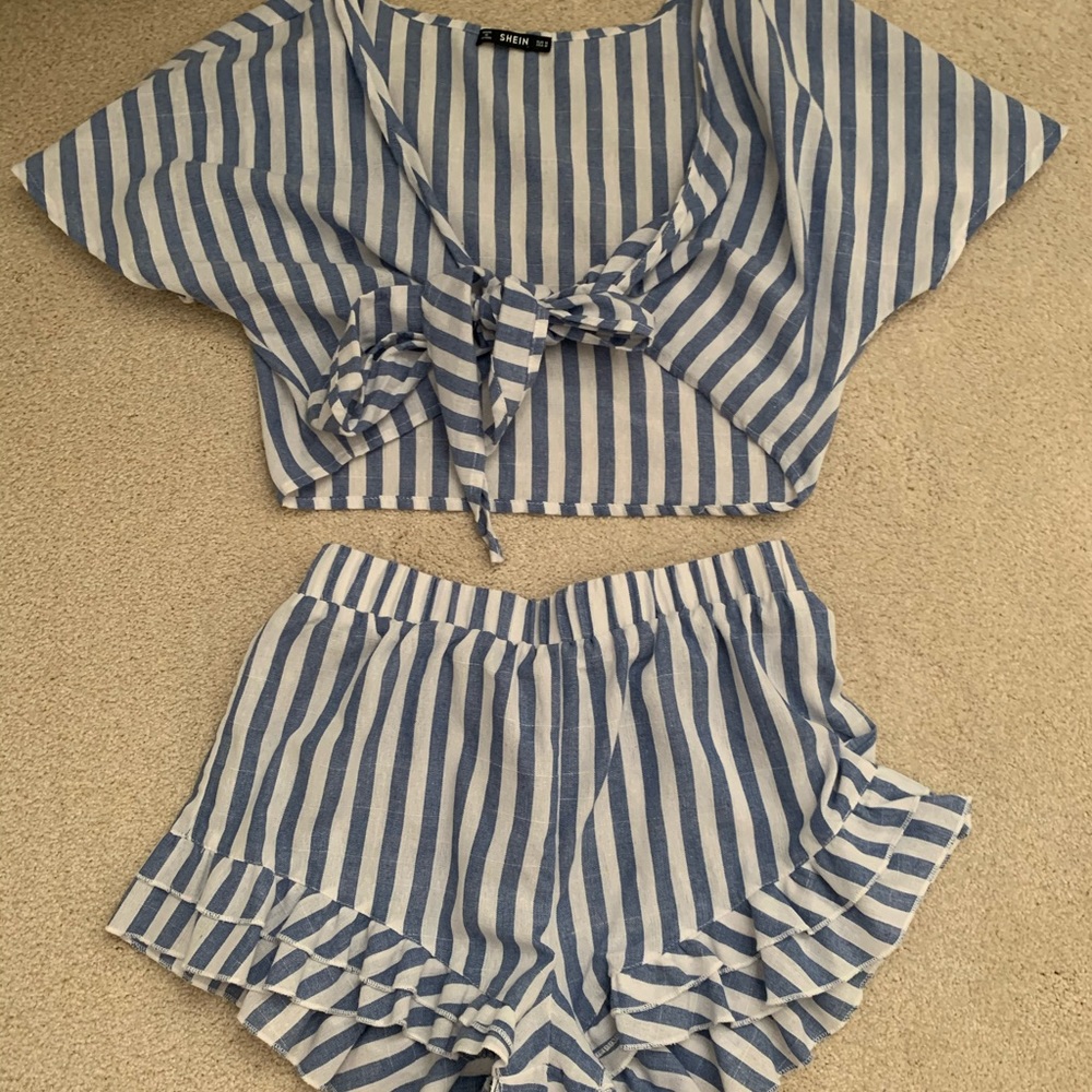 SHEIN Blue and White Striped Two-Piece Crop Top & Ruffle Shorts Set